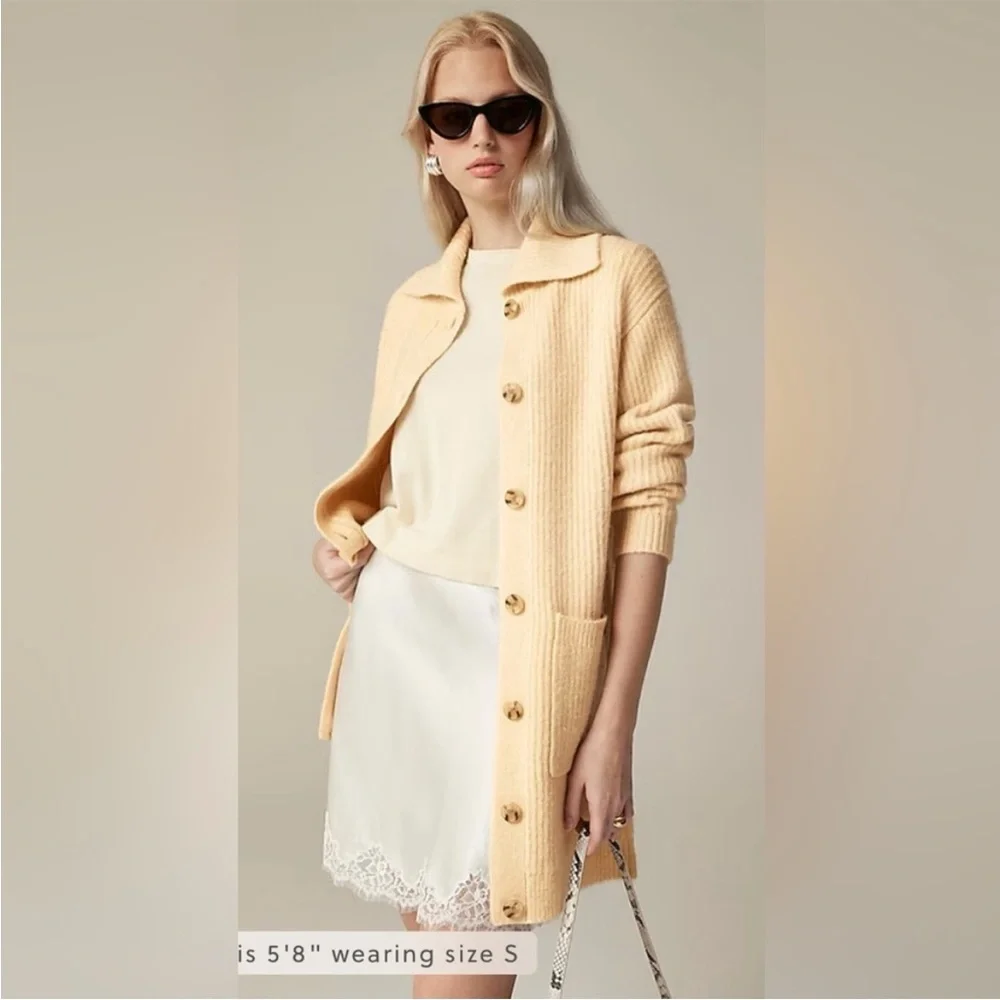 J.Crew Long Ribbed Cardigan Cream Ivory Size XS Wool Blend Pockets Ribbed Chunky
